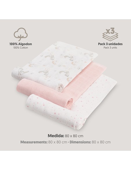 Gasas 80X80 Pack3 Modelo Conejitos Estrellas Rosa