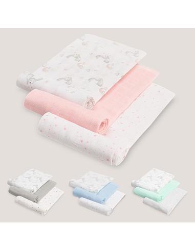 Gasas 80X80 Pack3 Modelo Conejitos Estrellas Rosa