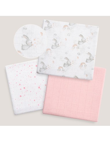 Gasas 80X80 Pack3 Modelo Conejitos Estrellas Rosa