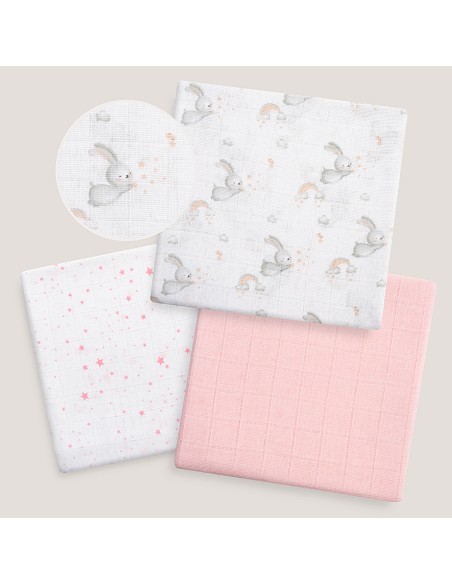 Gasas 80X80 Pack3 Modelo Conejitos Estrellas Rosa
