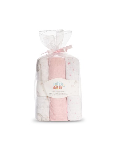 Gasas 80X80 Pack3 Modelo Conejitos Estrellas Rosa