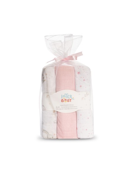 Gasas 80X80 Pack3 Modelo Conejitos Estrellas Rosa