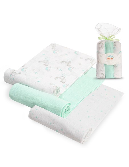 Gasas 80X80 Pack3 Modelo Conejitos Estrellas Verde