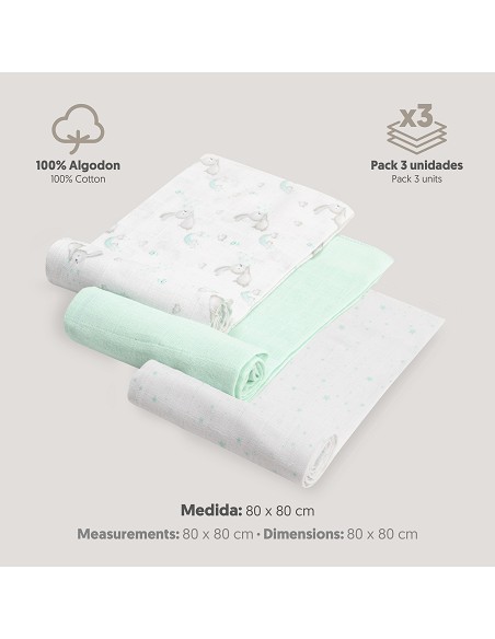 Gasas 80X80 Pack3 Modelo Conejitos Estrellas Verde