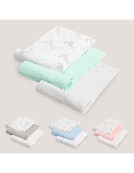 Gasas 80X80 Pack3 Modelo Conejitos Estrellas Verde