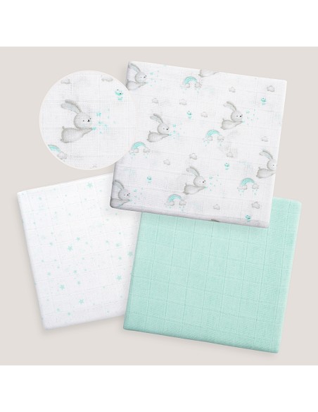 Gasas 80X80 Pack3 Modelo Conejitos Estrellas Verde