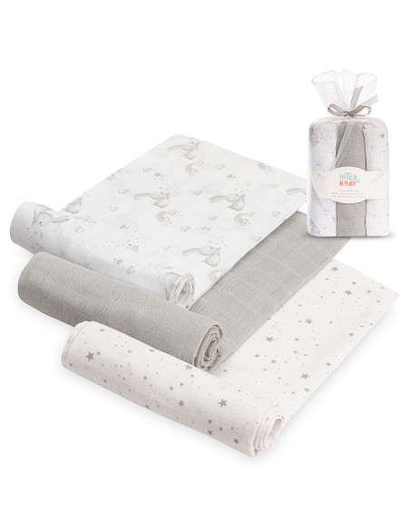 Gasas 80X80 Pack3 Modelo Conejitos Estrellas Gris