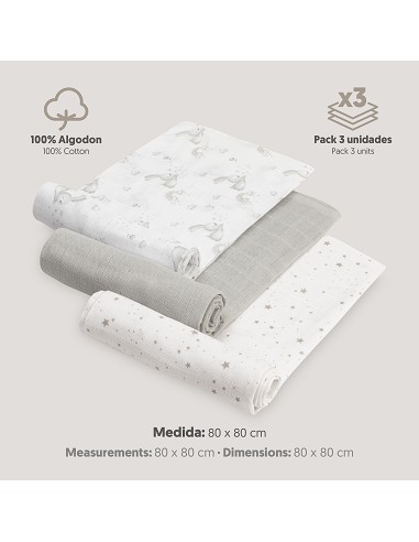Gasas 80X80 Pack3 Modelo Conejitos Estrellas Gris