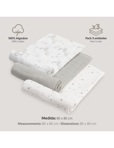 Gasas 80X80 Pack3 Modelo Conejitos Estrellas Gris