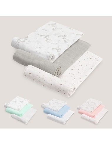 Gasas 80X80 Pack3 Modelo Conejitos Estrellas Gris