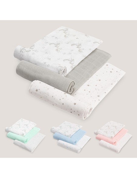 Gasas 80X80 Pack3 Modelo Conejitos Estrellas Gris