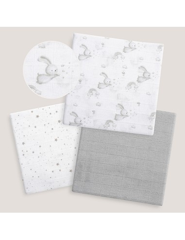 Gasas 80X80 Pack3 Modelo Conejitos Estrellas Gris