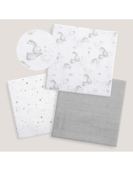 Gasas 80X80 Pack3 Modelo Conejitos Estrellas Gris