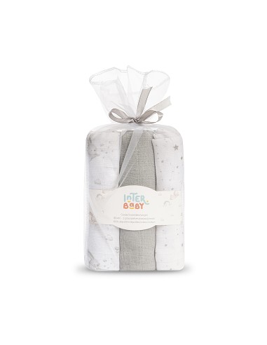 Gasas 80X80 Pack3 Modelo Conejitos Estrellas Gris