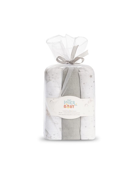 Gasas 80X80 Pack3 Modelo Conejitos Estrellas Gris