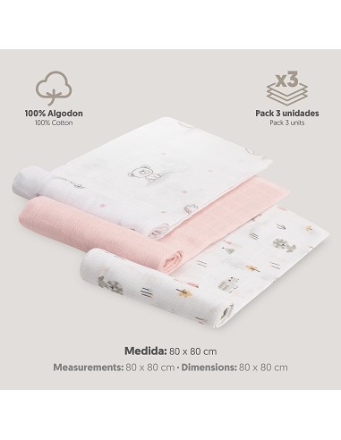 Gasas 80X80 Pack3 Modelo Forest Jungla Rosa