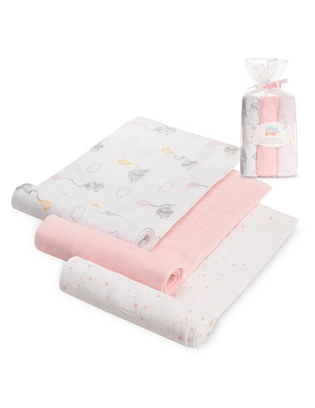 Gasas 80X80 Pack3 Modelo Elefantes Estrellas Rosa