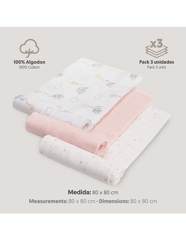 Gasas 80X80 Pack3 Modelo Elefantes Estrellas Rosa