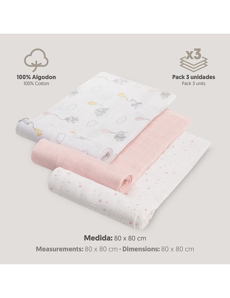 Gasas 80X80 Pack3 Modelo Elefantes Estrellas Rosa