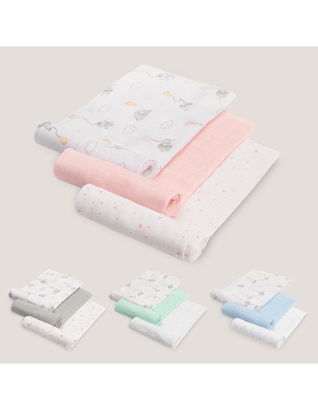 Gasas 80X80 Pack3 Modelo Elefantes Estrellas Rosa