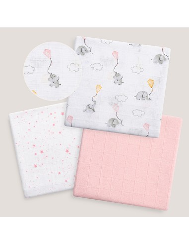Gasas 80X80 Pack3 Modelo Elefantes Estrellas Rosa