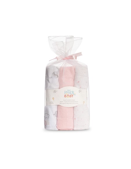 Gasas 80X80 Pack3 Modelo Elefantes Estrellas Rosa