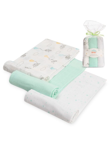 Gasas 80X80 Pack3 Modelo Elefantes Estrellas Verde