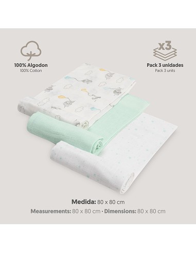 Gasas 80X80 Pack3 Modelo Elefantes Estrellas Verde