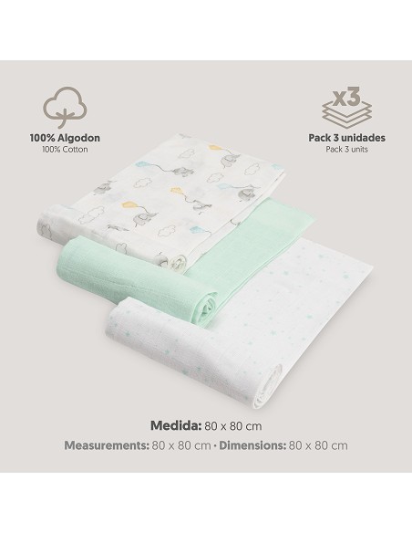 Gasas 80X80 Pack3 Modelo Elefantes Estrellas Verde