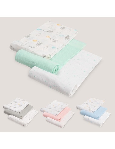 Gasas 80X80 Pack3 Modelo Elefantes Estrellas Verde