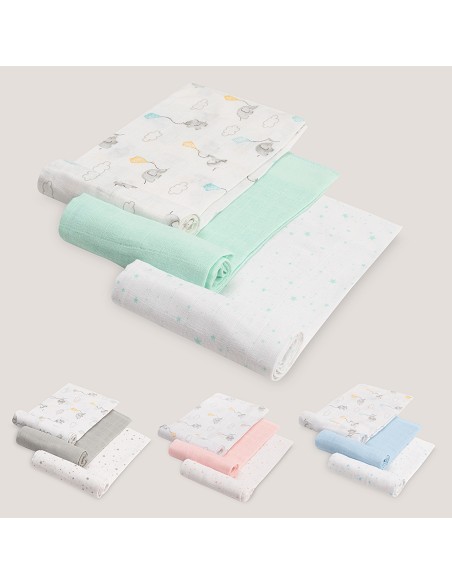 Gasas 80X80 Pack3 Modelo Elefantes Estrellas Verde