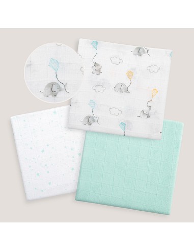 Gasas 80X80 Pack3 Modelo Elefantes Estrellas Verde