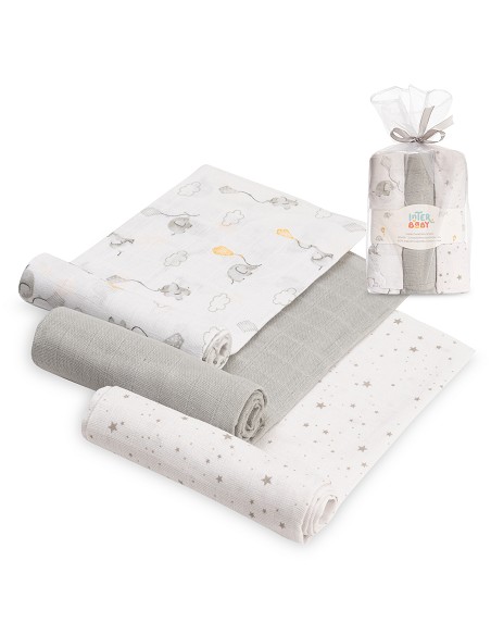 Gasas 80X80 Pack3 Modelo Elefantes Estrellas Gris