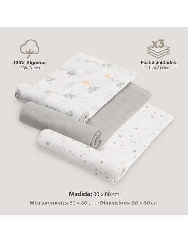 Gasas 80X80 Pack3 Modelo Elefantes Estrellas Gris
