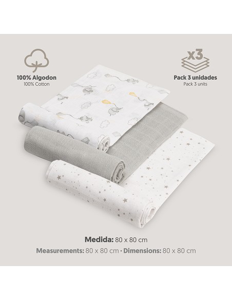 Gasas 80X80 Pack3 Modelo Elefantes Estrellas Gris