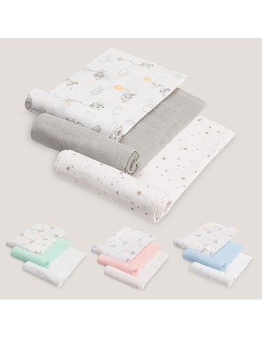 Gasas 80X80 Pack3 Modelo Elefantes Estrellas Gris