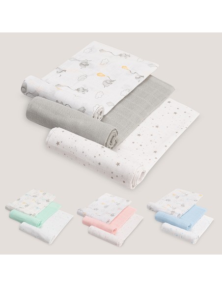 Gasas 80X80 Pack3 Modelo Elefantes Estrellas Gris