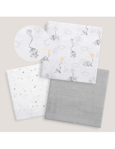 Gasas 80X80 Pack3 Modelo Elefantes Estrellas Gris