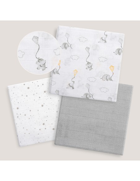 Gasas 80X80 Pack3 Modelo Elefantes Estrellas Gris