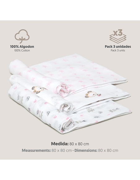 Gasa 80X80  Pack 3 Rosa