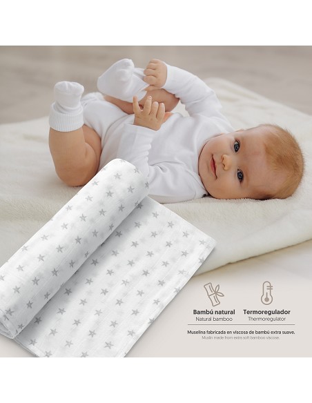 Muselina 1. 20 x 1. 20  Mod Star Bco/Gris