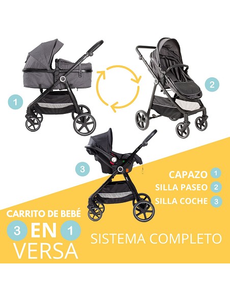 Carro de Paseo 3 En 1 Capazo+Silla+Grupo 0 Modelo Versa Gris