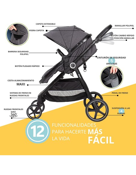 Carro de Paseo 3 En 1 Capazo+Silla+Grupo 0 Modelo Versa Gris