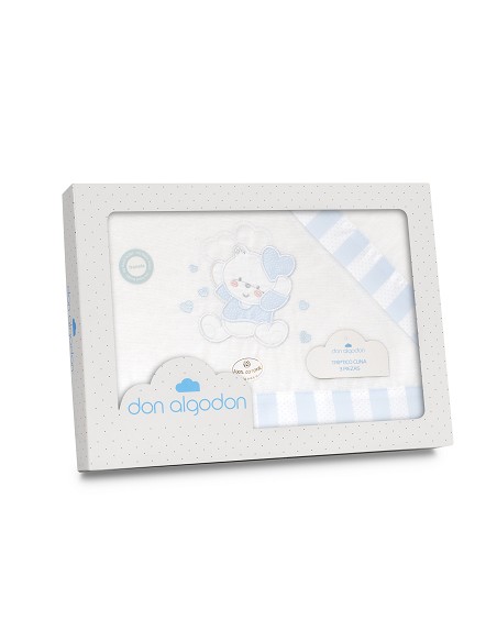 Triptico Cuna Franela D. Algodon Oso Corazones Bco/Azul