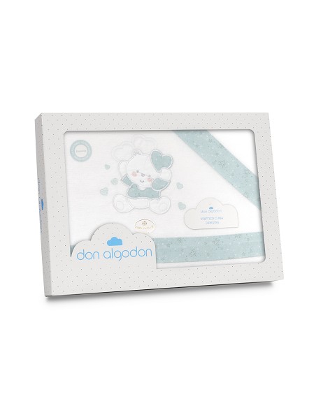 Triptico Cuna Franela D. Algodon Oso Corazones Bco/Verde