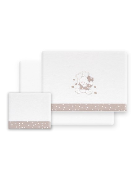 Triptico Cuna Franela D. Algodon Oso Corazones Bco/Beig