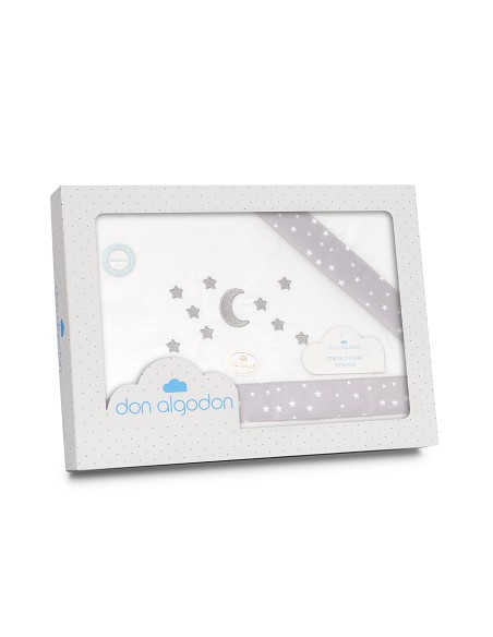 Triptico Cuna Franela D. Algodon Luna Estrella Bco/Gris