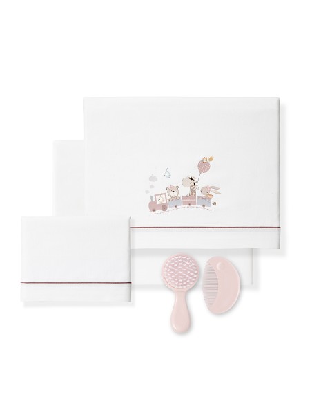 Triptico Cuna 100% Algodon Mod. Jirafa Tren+Kit Peine y Cepillo Bco/Maquillaje