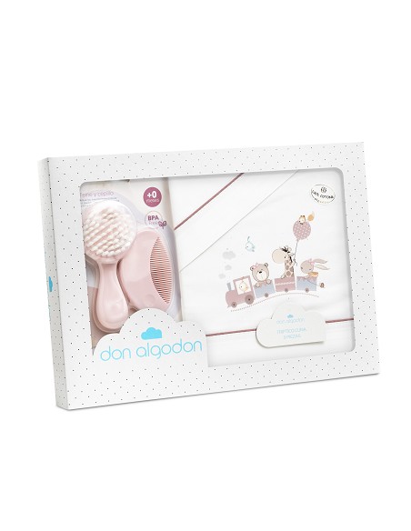 Triptico Cuna 100% Algodon Mod. Jirafa Tren+Kit Peine y Cepillo Bco/Maquillaje