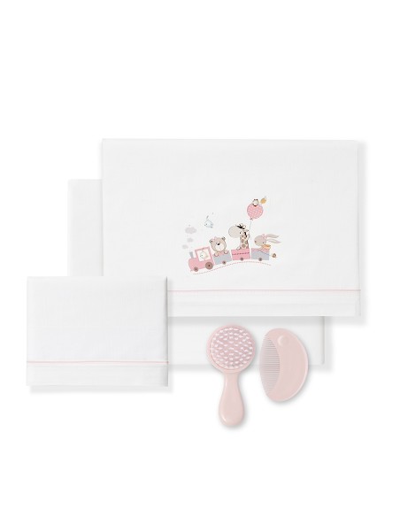 Triptico Cuna 100% Algodon Mod. Jirafa Tren+Kit Peine y Cepillo Bco/Rosa